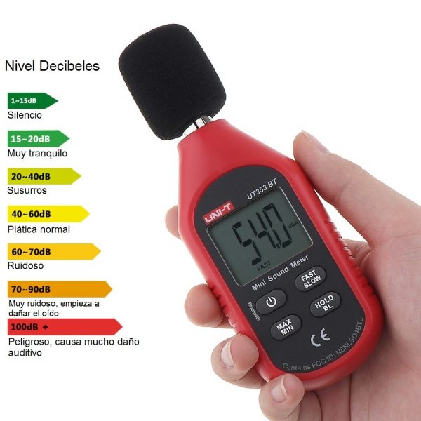 Sonómetro Medidor de sonido y ruido Digital Portátil conectividad Bluetooth Modelo UT353BT
