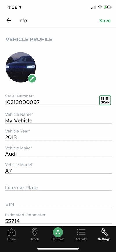 página de información del vehículo aplicación dronemobile